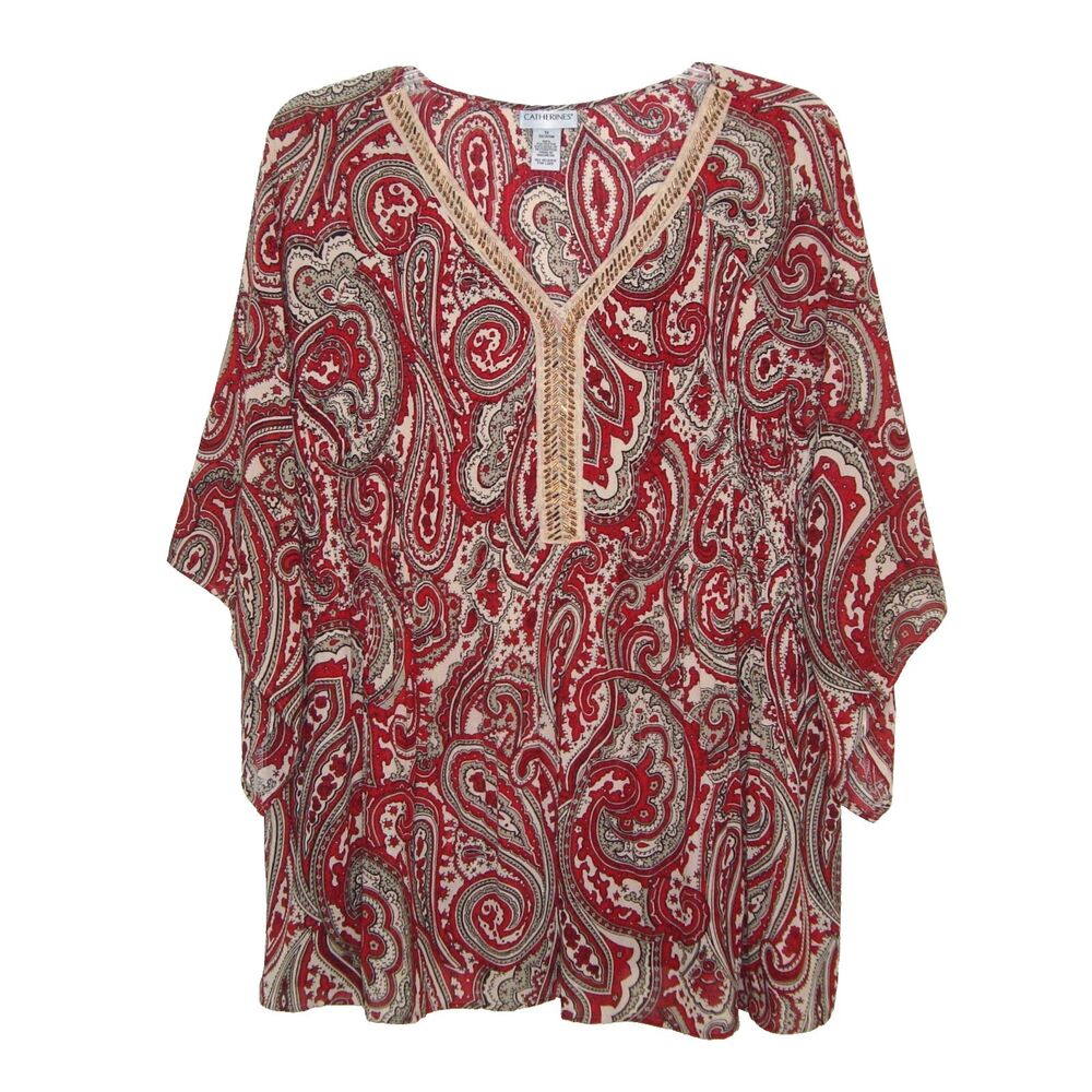 CATHERINES Beaded Red Cream Paisley 3/4 Bell Sleeve V-Neck Blouse